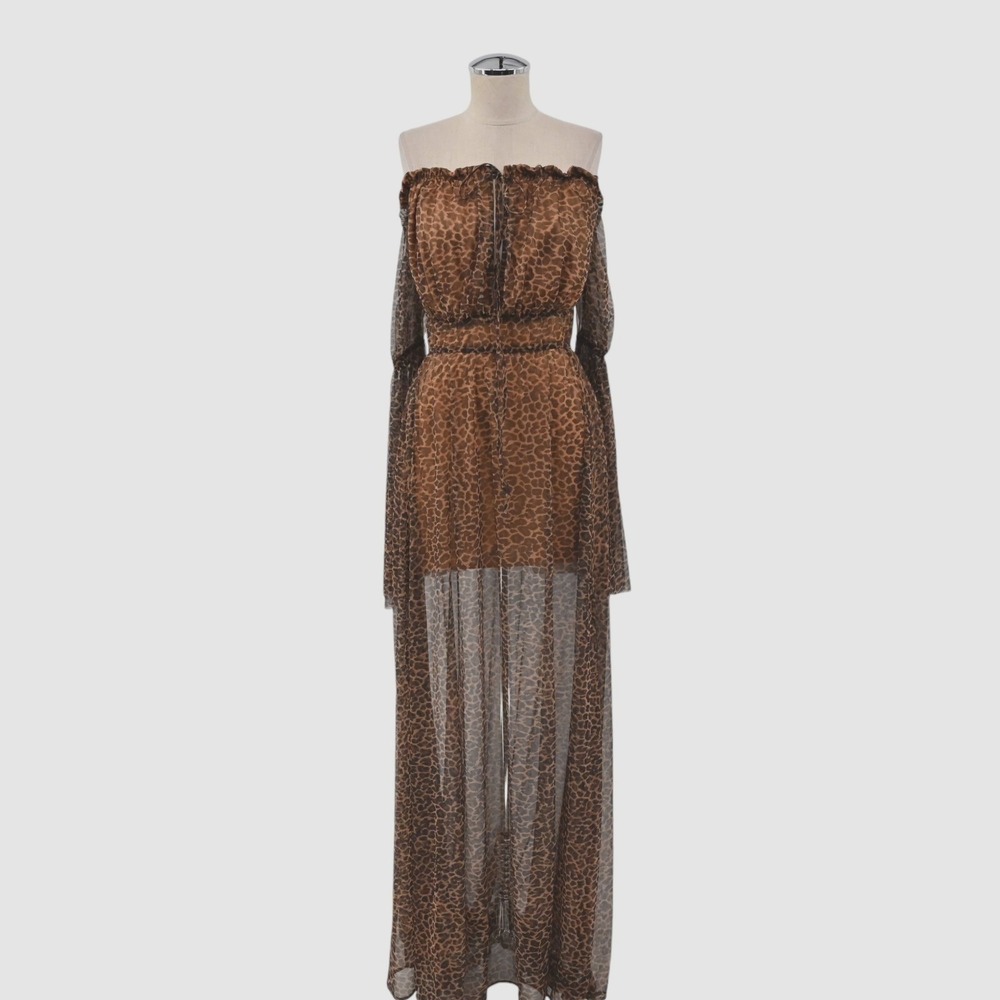 House of House of Chic Mesh Maxi Dress Womens Size S‎ Brown Bell Sleeve Leopard